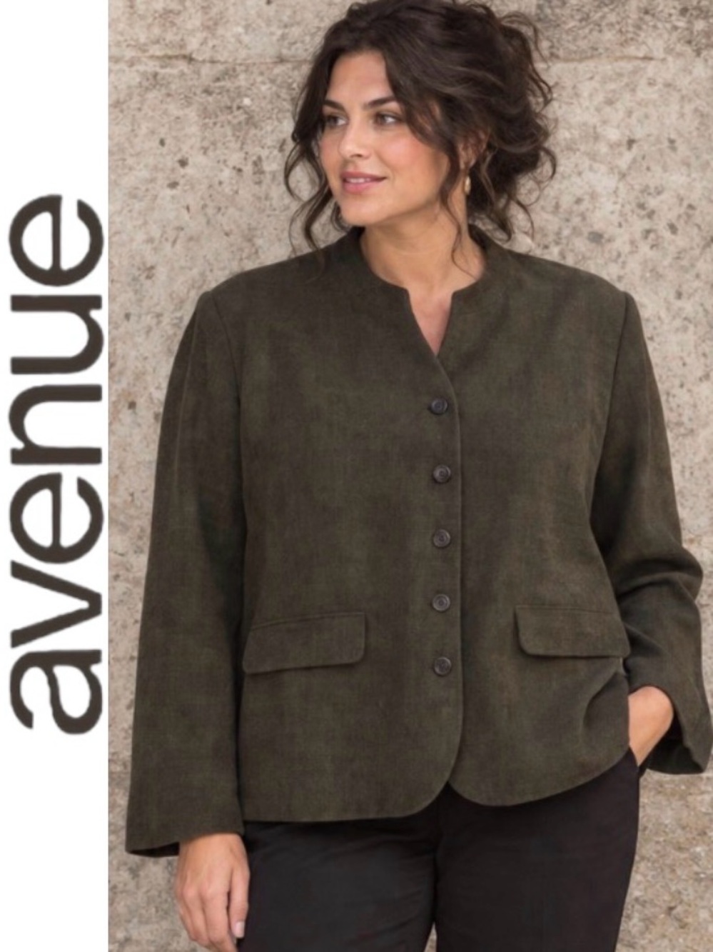 30W Gorgeous Deep Olive Avenue Jacket with Stand Up Collar